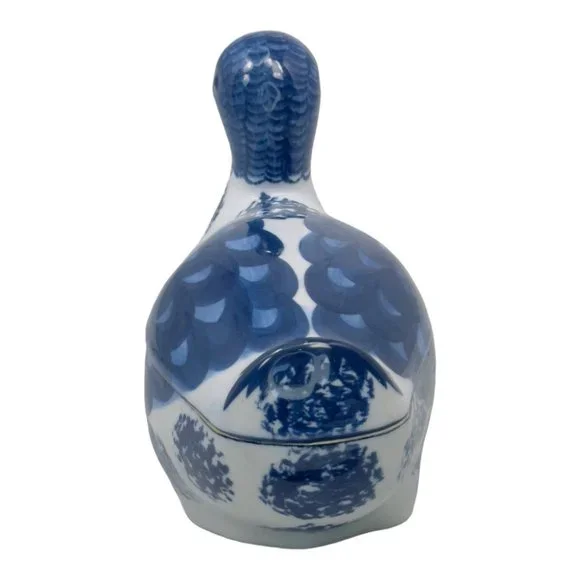 Ceramic Hand Painted Vintage 1960's Duck Shaped Trinket Box Blue & White - Picture 8 of 11